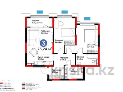 3-комнатная квартира · 74 м² · 3/9 этаж, Байдибек би за ~ 41.7 млн 〒 в Шымкенте, Абайский р-н