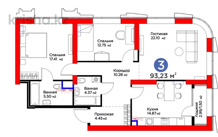 3-бөлмелі пәтер · 94 м² · 3/26 қабат, Кунаева, бағасы: ~ 112.4 млн ₸ в Шымкенте, Аль-Фарабийский р-н — фото 2