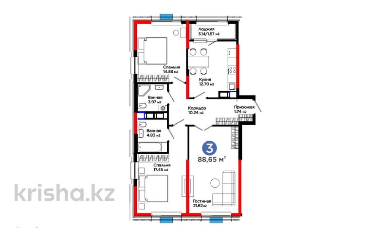 3-бөлмелі пәтер · 89 м² · 9/12 қабат, Калдаякова, бағасы: ~ 50.2 млн ₸ в Шымкенте, Туран р-н — фото 8