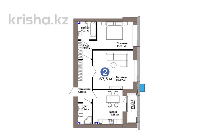 2-бөлмелі пәтер · 67 м² · 8/12 қабат, Е-899 5/1, бағасы: 60.6 млн ₸ в Астане, Нура р-н — фото 2
