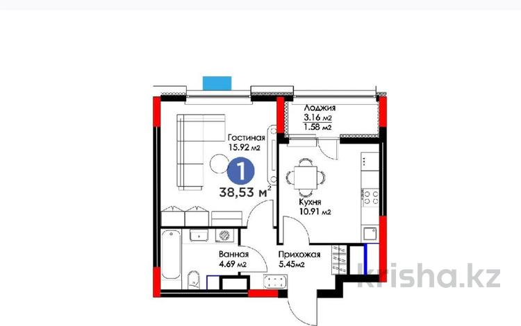 1-бөлмелі пәтер, 38.5 м², 14/14 қабат, Рыскулов 16 — 37, бағасы: ~ 17.9 млн 〒 в Астане, Есильский р-н — фото 2