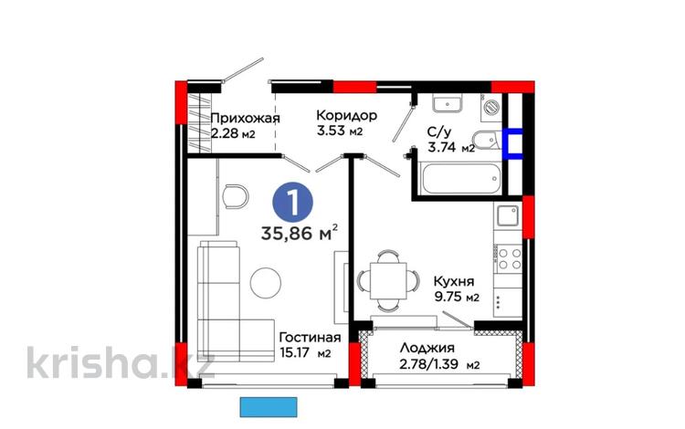 1-бөлмелі пәтер · 36 м² · 4/9 қабат, Туран 57д, бағасы: 26.5 млн ₸ в Астане — фото 3