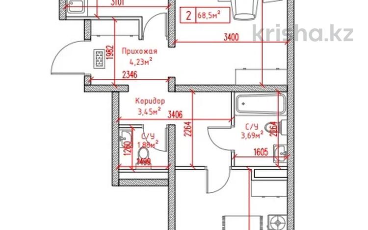 2-комнатная квартира · 68.5 м² · 2/9 этаж, мкр Жас Канат, ​24-я улица 1/1а за 23 млн 〒 в Алматы, Турксибский р-н — фото 2