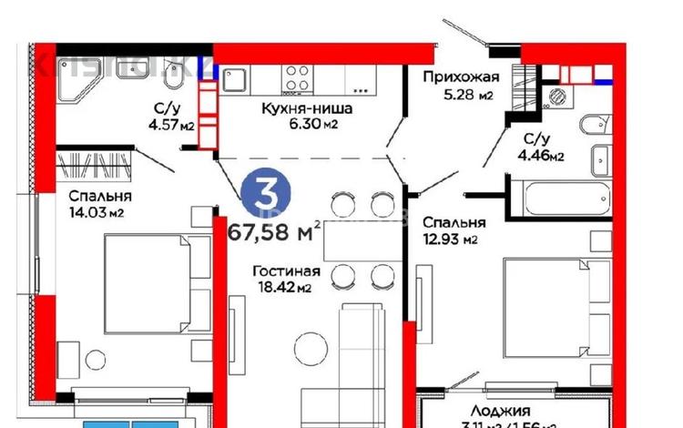 3-бөлмелі пәтер · 68 м² · 3/12 қабат, Ақжар ш/а., Белжайлау 47а, бағасы: 58 млн ₸ в Алматы, Наурызбайский р-н — фото 2