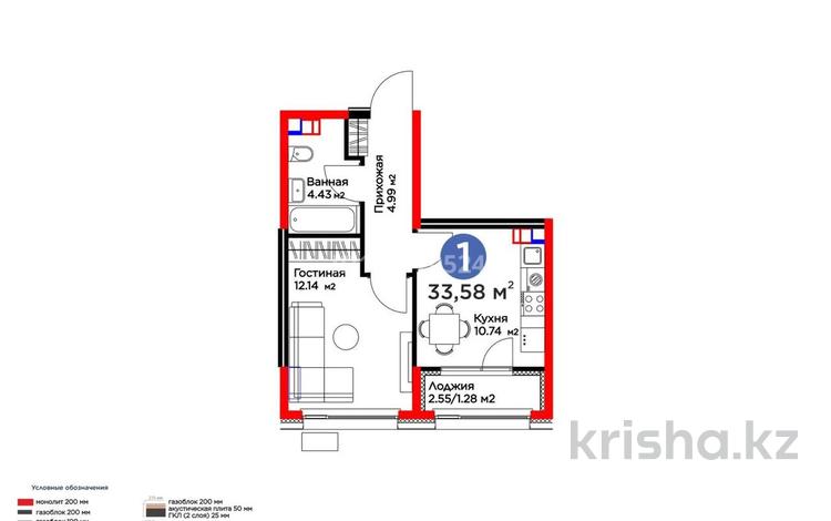 1-бөлмелі пәтер · 33.58 м² · 5/6 қабат, мкр Гажайып, ​Гажайып микрорайон, бағасы: 26.3 млн ₸ в Алматы, Алатауский р-н — фото 2