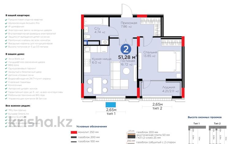 2-комнатная квартира · 51.28 м² · 3/9 этаж, Е-899 3 — ЛУЧШАЯ ЦЕНА за 41 млн ₸ в Астане, Нура р-н — фото 5