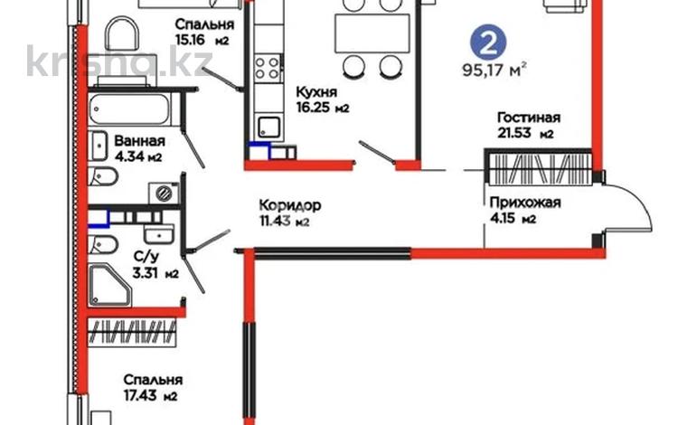 3-бөлмелі пәтер · 95.17 м² · 5/6 қабат, Тараз, бағасы: 69 млн ₸ в Алматы, Турксибский р-н — фото 2