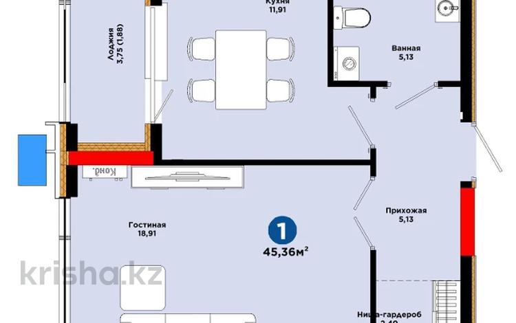 1-бөлмелі пәтер · 45.36 м² · 2/14 қабат, ул. Туран — Скидка за наличку, бағасы: ~ 30.2 млн ₸ в Астане — фото 2