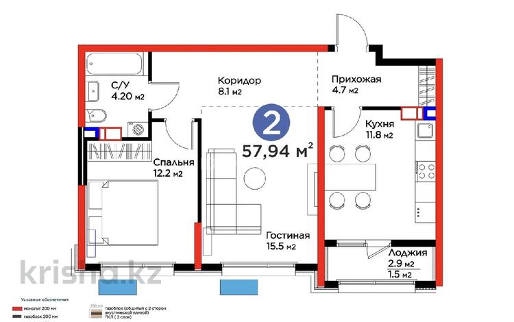 2-комнатная квартира · 57.94 м² · 5/16 этаж, Толеметова, возле DENDRO SAYABAQ 113/4 за 38 млн ₸ в Шымкенте, Абайский р-н — фото 3