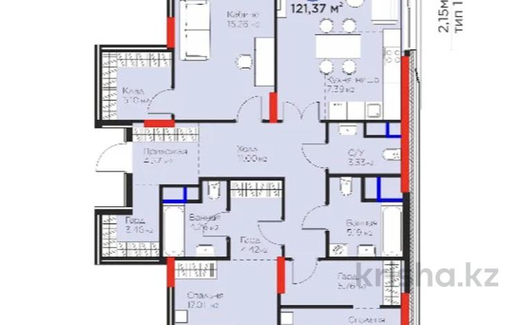 4-бөлмелі пәтер · 121.37 м² · 8/12 қабат, Турар Рыскулов 18, бағасы: 92 млн ₸ в Астане — фото 2