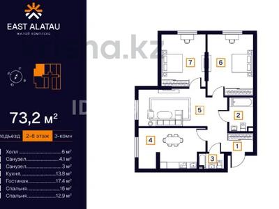 3-бөлмелі пәтер · 73.2 м² · 3/6 қабат, Алатауская трасса 1, бағасы: 32.1 млн ₸ в Туздыбастау (Калинино)