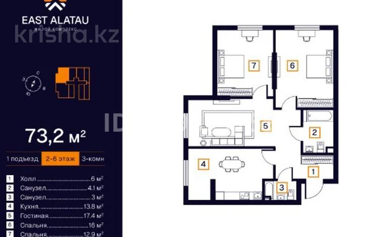 3-бөлмелі пәтер · 73.2 м² · 3/6 қабат, Алатауская трасса 1, бағасы: 32.1 млн ₸ в Туздыбастау (Калинино) — фото 3