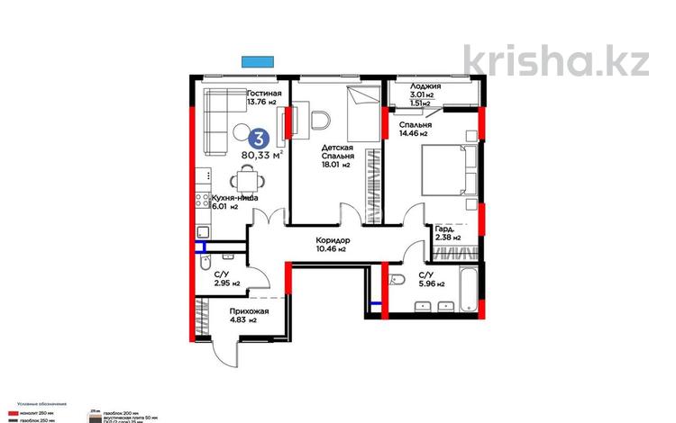 3-бөлмелі пәтер · 80.33 м² · 3/16 қабат, Туран 57д, бағасы: 65 млн ₸ в Астане, Нура р-н — фото 2
