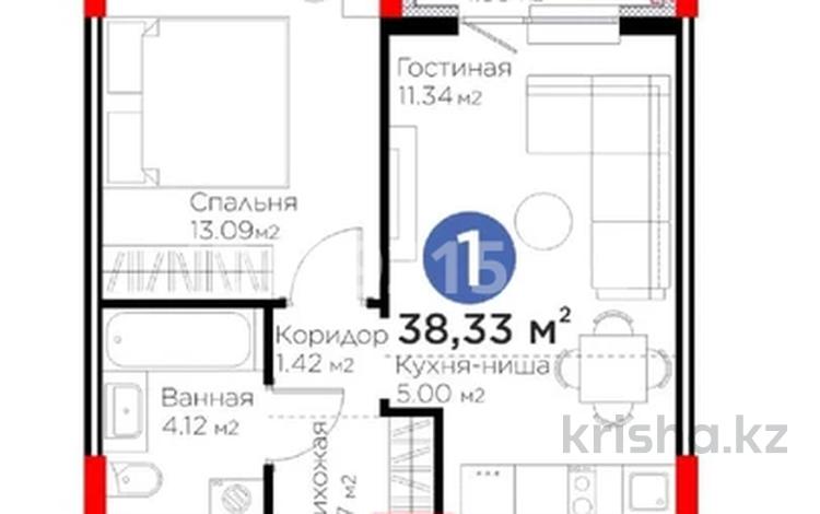 1-комнатная квартира · 38.33 м² · 9/9 этаж, Туран 57/5 — Бухар Жырау за 20 млн 〒 в Астане, Нура р-н — фото 2