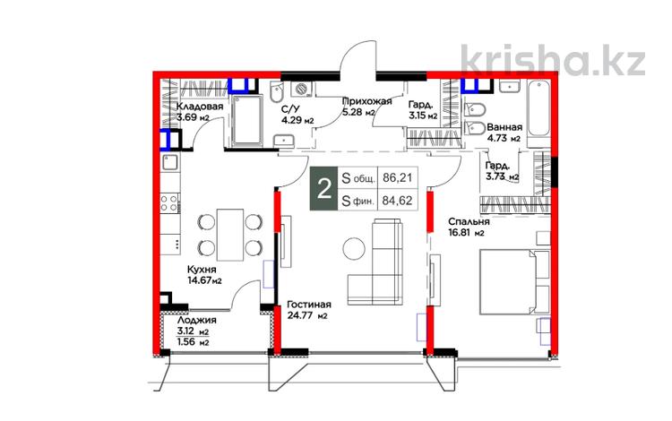 2-бөлмелі пәтер · 84.62 м² · 2/3 қабат, Оспанова 1а/11, бағасы: ~ 172.4 млн ₸ в Алматы, Медеуский р-н — фото 2