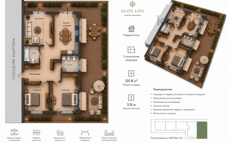 3-бөлмелі пәтер · 120.8 м² · 1/3 қабат, Кажымукана 109 — Огромная терраса, бағасы: 170 млн ₸ в Алматы, Медеуский р-н — фото 2