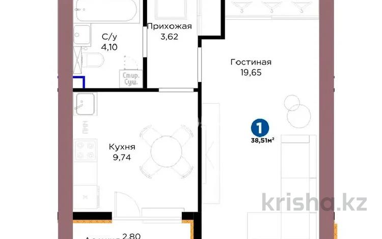 1-бөлмелі пәтер · 38.51 м² · 5/9 қабат, Шафика Чокина 4, бағасы: 28 млн ₸ в Астане, Нура р-н — фото 2