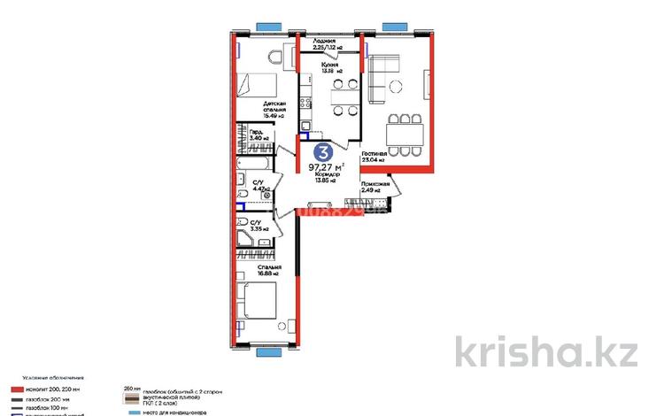 3-комнатная квартира · 97.27 м² · 5/16 этаж, Нурсултана Назарбаева 1 за 66.5 млн ₸ в Шымкенте, Каратауский р-н — фото 2