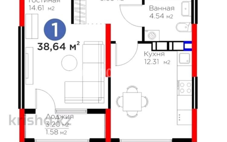 1-комнатная квартира · 38 м² · 9/12 этаж, Байдибек би 115/10 за 22.5 млн ₸ в Шымкенте, Каратауский р-н — фото 2