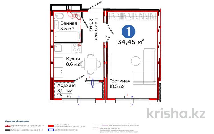 1-комнатная квартира · 34.5 м² · 8/12 этаж, Е 103 5Б — Туран за 20 млн ₸ в Астане, Нура р-н — фото 2