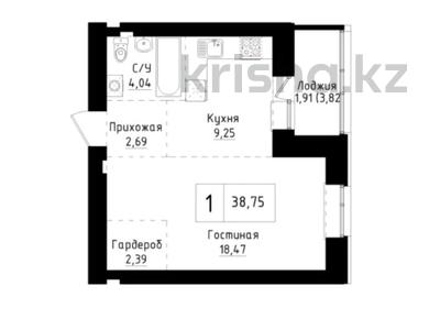1-бөлмелі пәтер · 38.75 м² · 7/9 қабат, А83 участок 11, бағасы: 12.7 млн ₸ в Астане, Алматы р-н