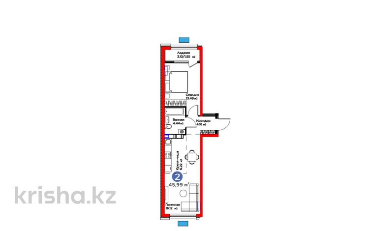 2-бөлмелі пәтер · 45.99 м² · 6/9 қабат, Ботакоз 2/1 — БЕЗ КОМИССИИ, бағасы: 33.6 млн ₸ в Алматы, Алатауский р-н — фото 2