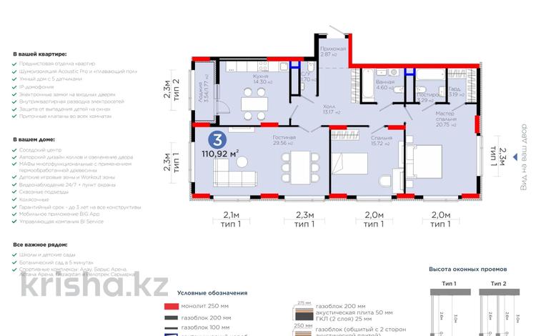 3-комнатная квартира · 110 м² · 7/14 этаж, Бухар жырау 20 — 1 очередь за 89 млн ₸ в Астане, Нура р-н — фото 14