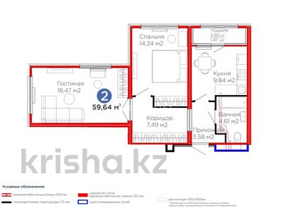 2-комнатная квартира · 59.64 м² · 14/14 этаж, Улы Дала 14 — Улы Дала и Айтматова за 35 млн ₸ в Астане, Нура р-н