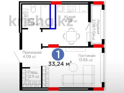 1-комнатная квартира · 33.5 м² · 8/9 этаж, Е 908 23 за 18.9 млн ₸ в Астане, Нура р-н