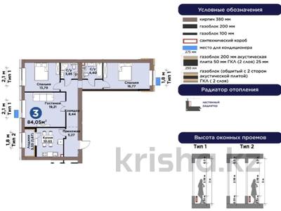 3-комнатная квартира · 84.1 м² · 8/9 этаж, Е 101 5 — Вдоль проспекта Туран за 43 млн ₸ в Астане, Нура р-н