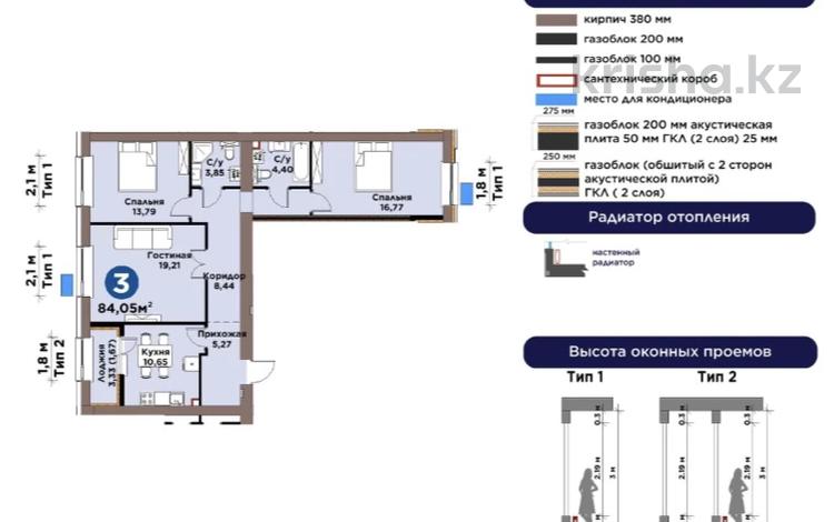 3-комнатная квартира · 84.1 м² · 8/9 этаж, Е 101 5 — Вдоль проспекта Туран за 43 млн ₸ в Астане, Нура р-н — фото 2