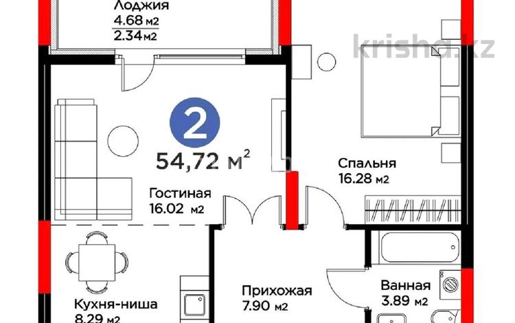 2-бөлмелі пәтер · 55 м² · 12/21 қабат, Динмухамед Конаев 3, бағасы: 65 млн ₸ в Астане, Есильский р-н — фото 2