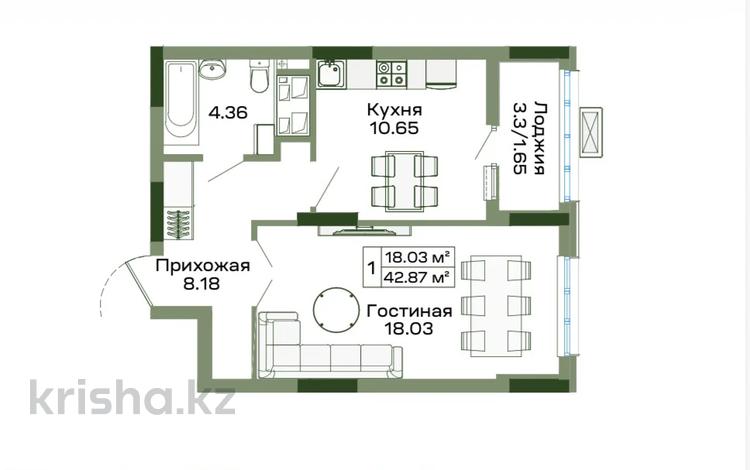 1-бөлмелі пәтер · 42.8 м² · 6/14 қабат, Айтматова 48, бағасы: 21.5 млн ₸ в Астане, Есильский р-н — фото 2