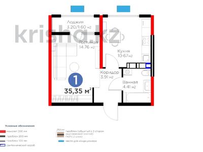 1-комнатная квартира, 35.35 м², 8/9 этаж, Байдибек би — цена со скидкой за ~ 15.7 млн 〒 в Шымкенте, Абайский р-н