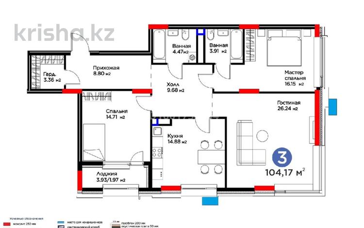 3-бөлмелі пәтер · 104.5 м² · 4/17 қабат, Толе би 52 — Конаева, бағасы: 108 млн ₸ в Астане, Нура р-н — фото 8