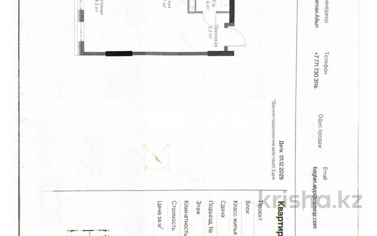1-бөлмелі пәтер · 35.2 м² · 3/12 қабат, Абая 2а/1, бағасы: 12.7 млн ₸ в Абай — фото 3
