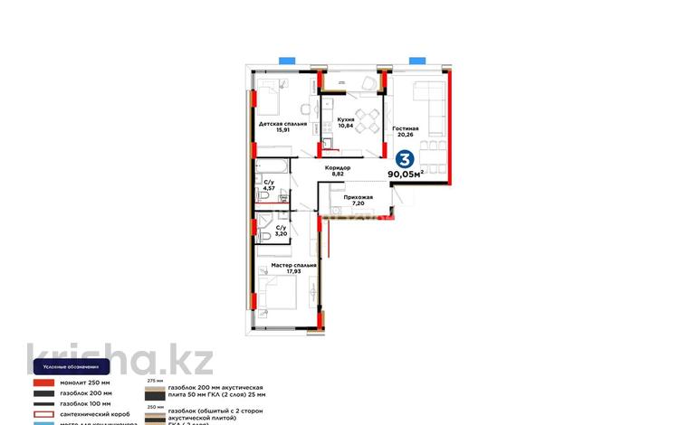 3-бөлмелі пәтер · 91 м² · 5 қабат, Хусейн бен Талал 1, 11/1-2, бағасы: 55.5 млн ₸ в Астане, Нура р-н — фото 2