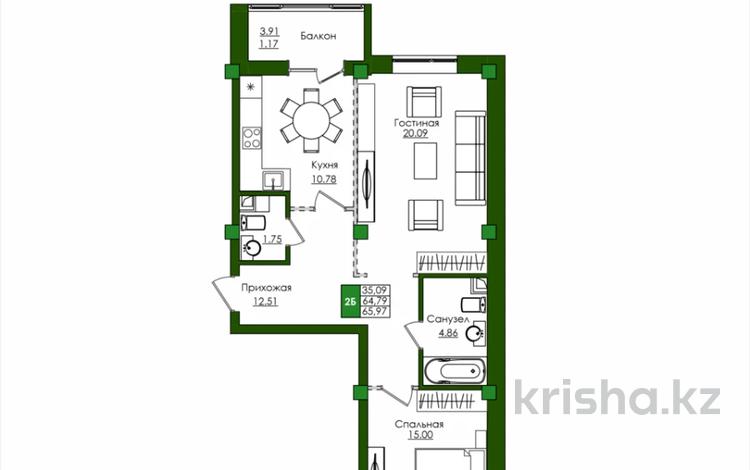 2-комнатная квартира · 69.4 м² · 3/9 этаж, Е-779 32/1 — Комфортная школа 108 за ~ 33 млн ₸ в Астане, Есильский р-н — фото 2