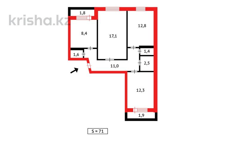 3-комнатная квартира · 71 м² · 6/6 этаж, Мкр. Горка Дружбы за 15 млн ₸ в Темиртау — фото 2