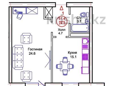 1-комнатная квартира · 51.4 м² · 12/13 этаж, Тауелсиздик 34/8 — Тәуелсіздік-Момышулы за ~ 20 млн 〒 в Астане, Алматы р-н