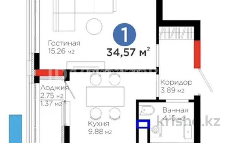 1-комнатная квартира · 34.57 м² · 6/9 этаж, Бухар жырау 57/6 — Проспекта Туран и улицы Бухар жырау за 27 млн ₸ в Астане, Нура р-н — фото 2