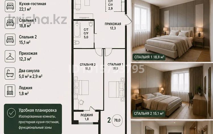 3-бөлмелі пәтер · 78 м² · 2/16 қабат, Каныша Сатпаева 90/55Б, бағасы: 66 млн ₸ в Алматы, Бостандыкский р-н — фото 2