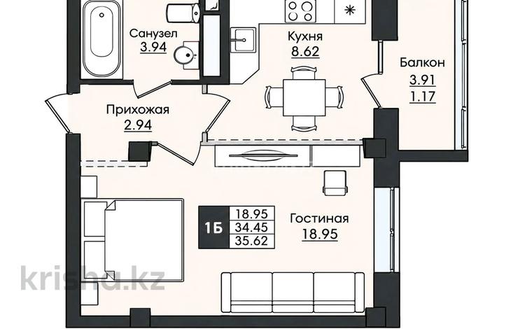 1-комнатная квартира · 35.62 м² · 2/9 этаж, Е-779 за 21.5 млн ₸ в Астане, Есильский р-н — фото 2