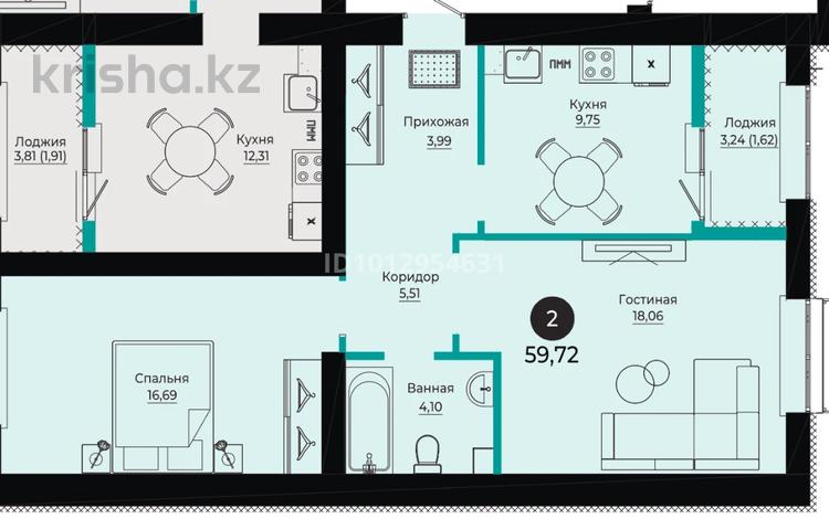 2-бөлмелі пәтер · 59.72 м² · 4/9 қабат, Толе би 10/1, бағасы: 36.5 млн ₸ в Астане, Есильский р-н — фото 2