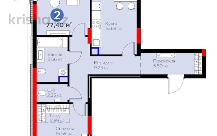 2-комнатная квартира · 77.4 м² · 2/12 этаж, Турар Рыскулов 9 за 53 млн 〒 в Астане, Есильский р-н — фото 2