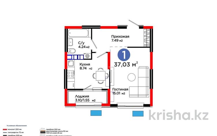 1-бөлмелі пәтер · 37 м² · 6/6 қабат, Қайрат ш/а. 186/1, бағасы: 30.5 млн ₸ в Алматы, Турксибский р-н — фото 2