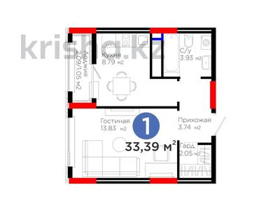 1-бөлмелі пәтер · 33.39 м² · 2 қабат, Е 908 23, бағасы: 20.5 млн ₸ в Астане, Нура р-н