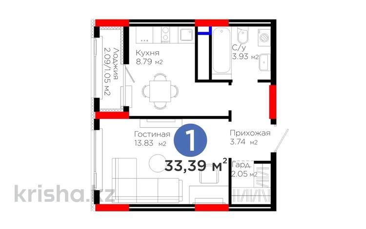 1-бөлмелі пәтер · 33.39 м² · 2 қабат, Е 908 23, бағасы: 20.5 млн ₸ в Астане, Нура р-н — фото 3