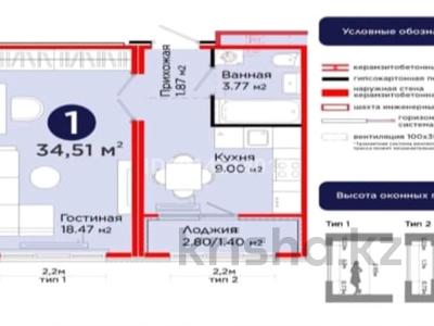 1-комнатная квартира · 34.51 м² · 8/9 этаж, С 902 8 за 22 млн ₸ в Астане, Сарыарка р-н