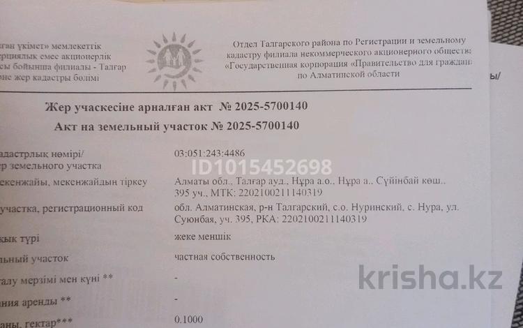 Жер телімі · 10 сотық, Сүйінбай 395 — Алатау қаласының жанында Нұра ауылынан, бағасы: 3.5 млн ₸ в Нура — фото 4